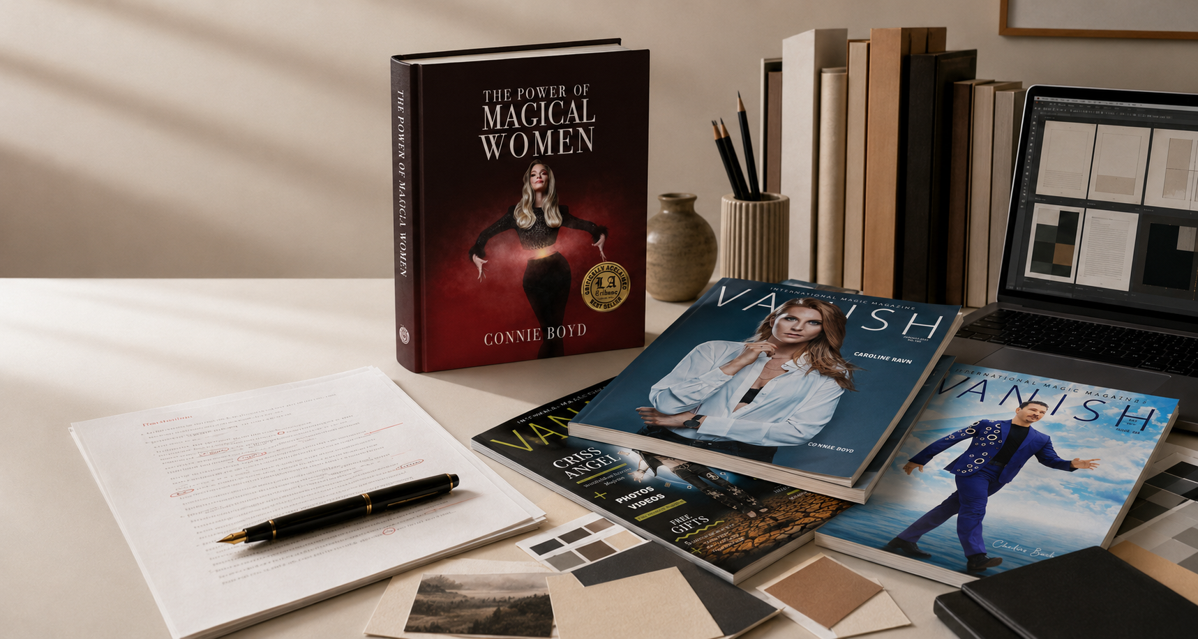 Finished books, manuscript pages, and publishing design materials on a studio desk