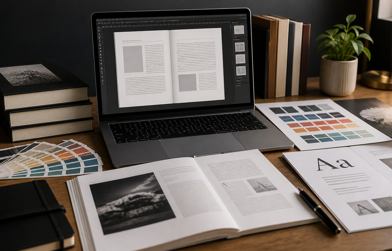 Publishing production desk with page proofs and design materials